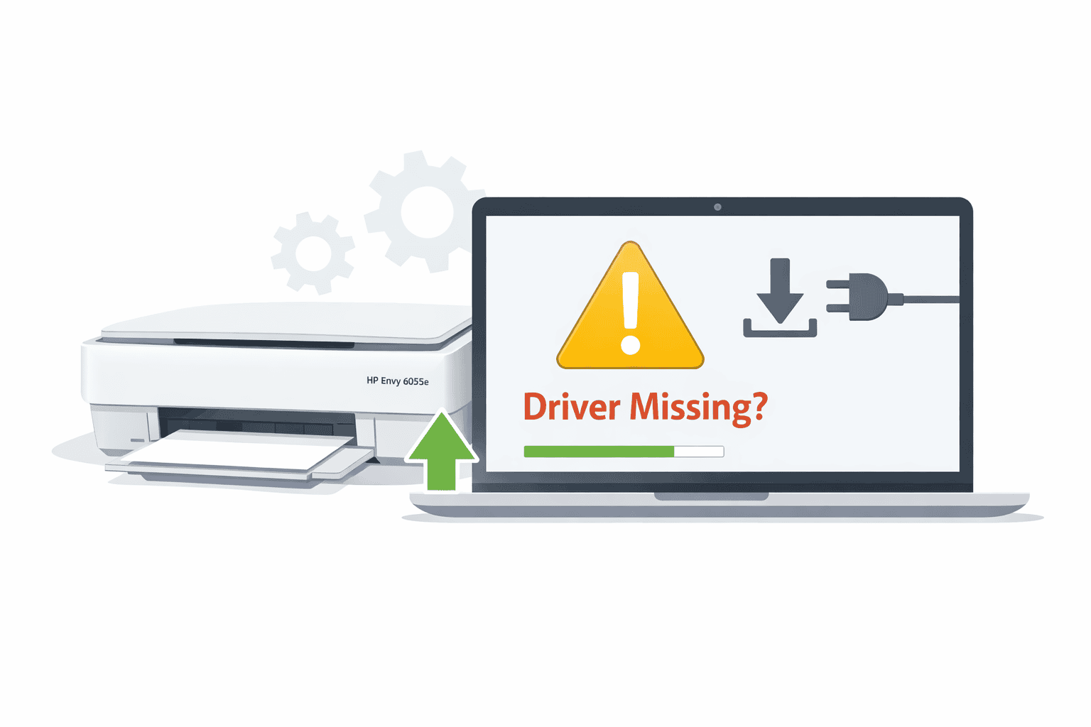 An HP Envy 6055e printer beside a laptop showing a “Driver Missing?” warning, highlighting how outdated or missing printer software can stop printing. The image visually represents common connection and printing issues caused by driver problems.
