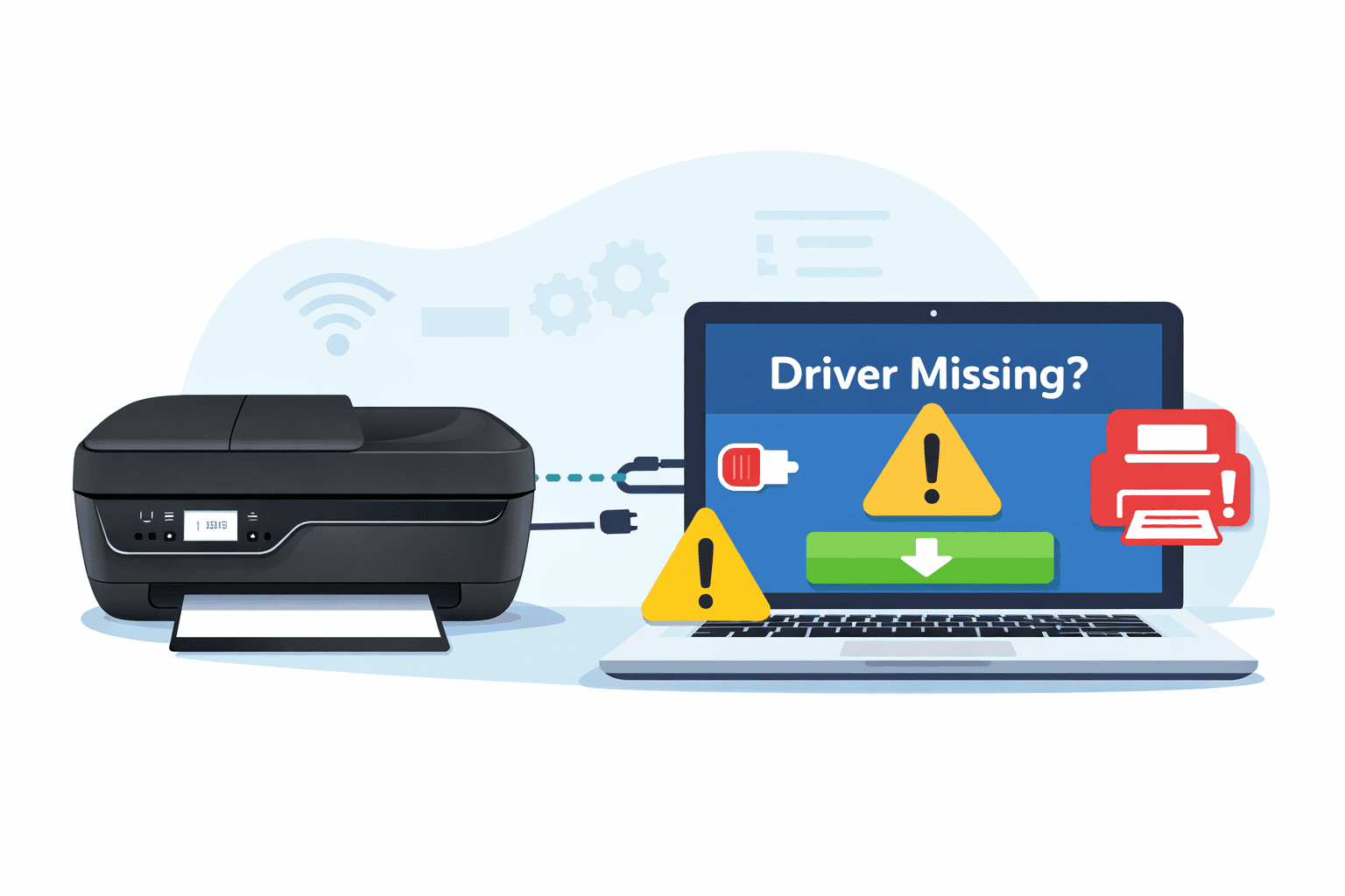 An HP OfficeJet 3830 printer next to a laptop showing a “Driver Missing?” warning with an exclamation icon, illustrating connection problems caused by outdated or missing printer software.