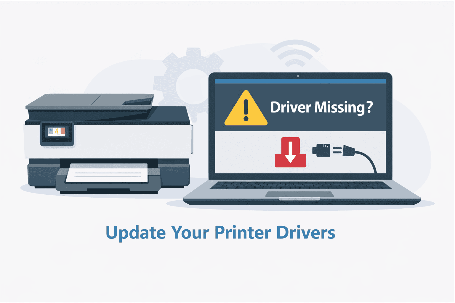 HP OfficeJet Pro 8025e printer beside a laptop displaying a “Driver Missing?” warning, illustrating how outdated or missing printer drivers can cause printing errors and connection issues in Windows.