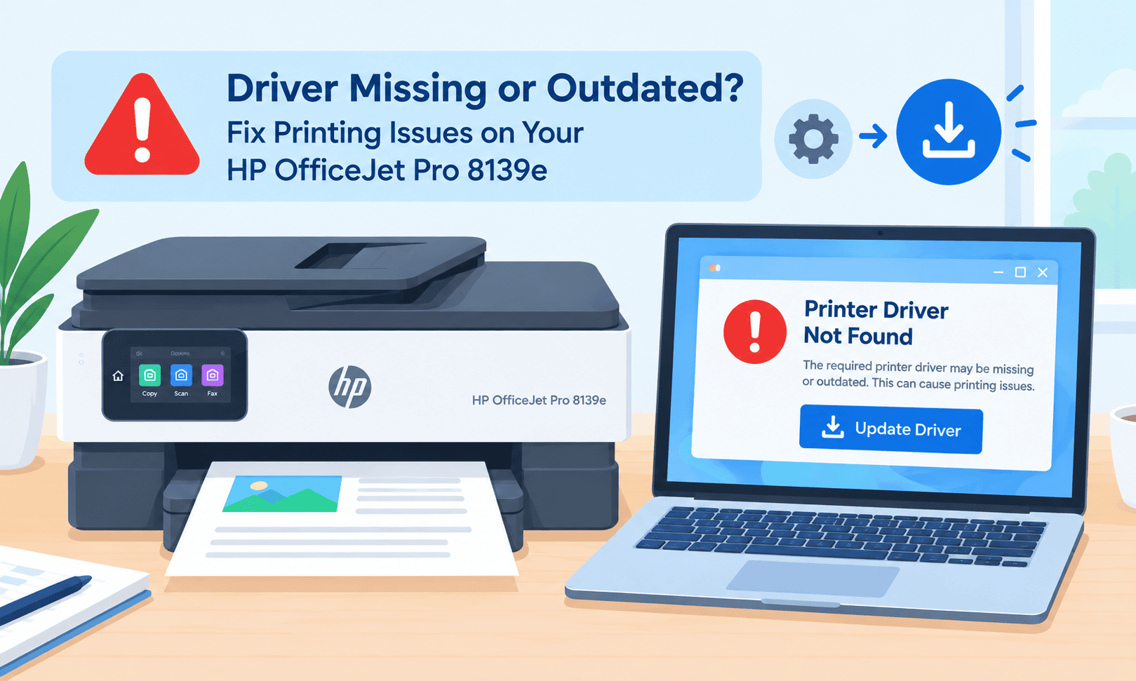 HP OfficeJet Pro 8139e printer beside a laptop displaying a missing or outdated printer driver warning. The illustration highlights how outdated or missing drivers can prevent Windows from communicating with the printer and cause printing issues.