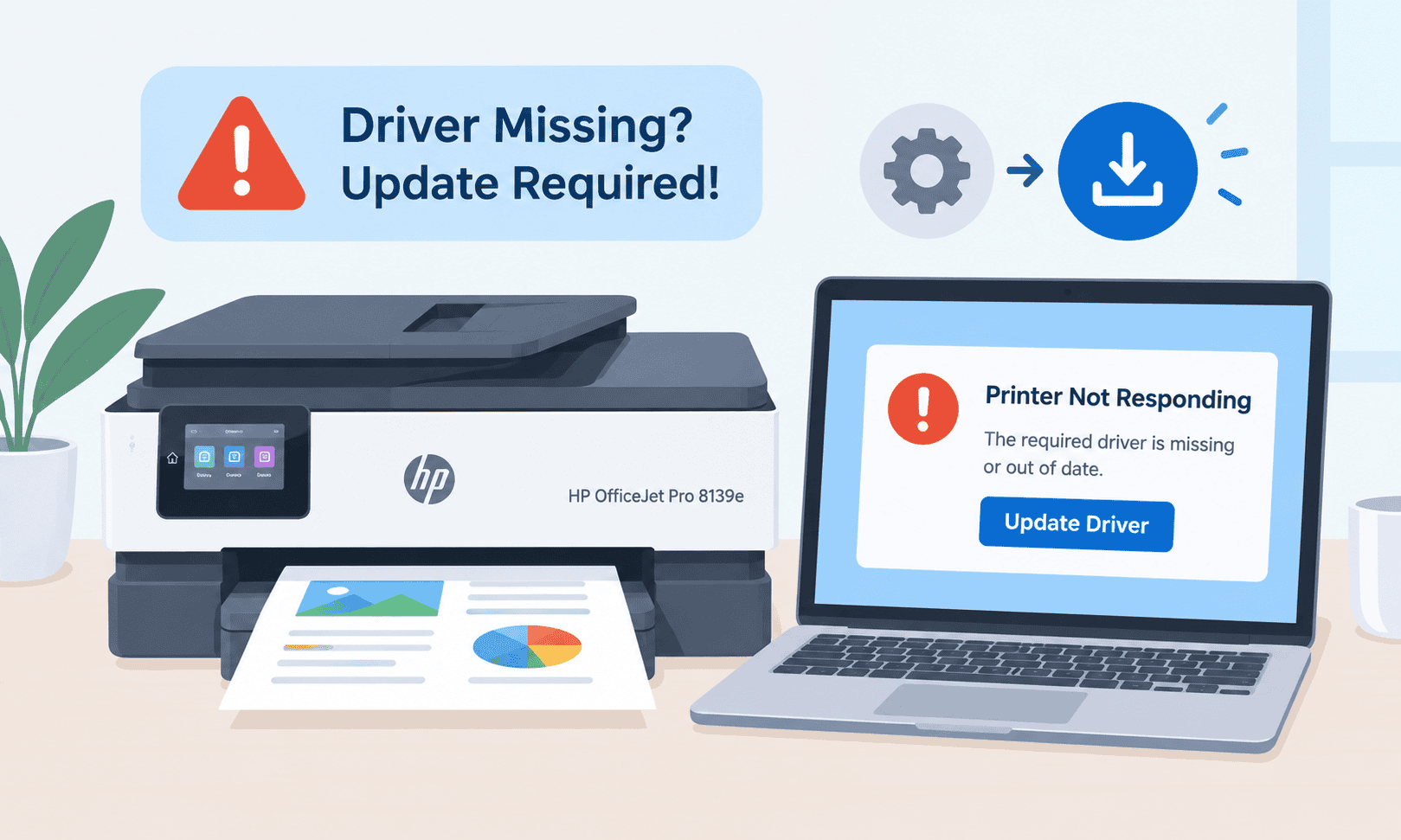 HP OfficeJet Pro 8139e beside a laptop showing a “Printer Not Responding” warning caused by missing or outdated drivers. The illustration highlights updating printer software to restore communication with Windows.