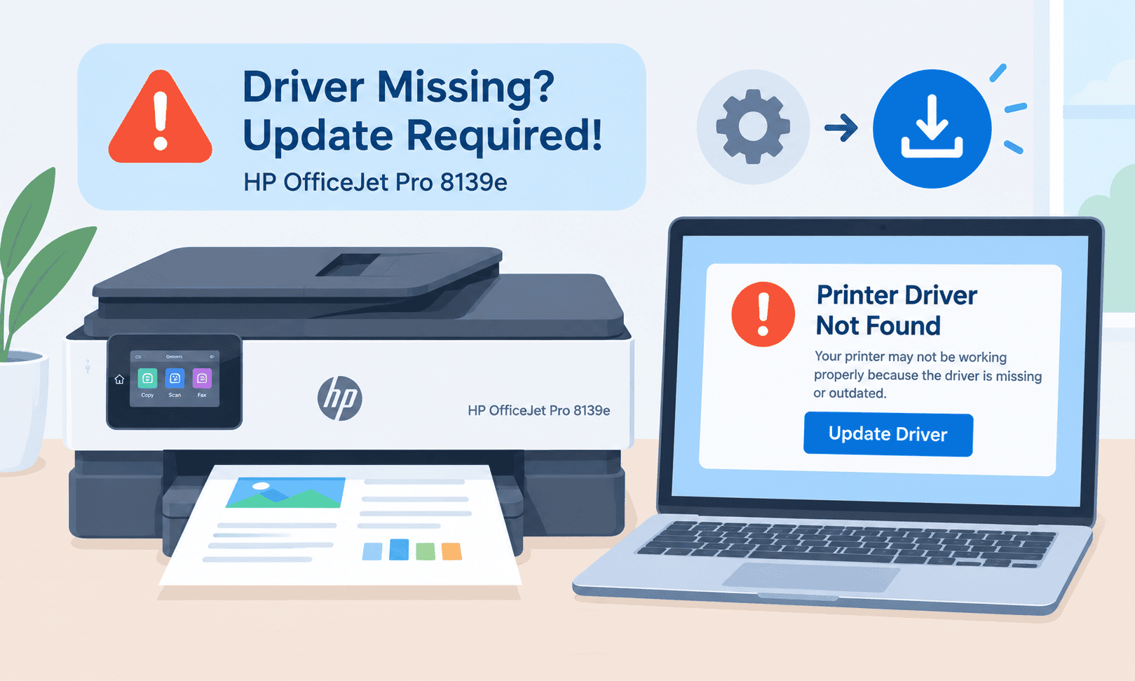 HP OfficeJet Pro 8139e printer beside a laptop displaying a warning that the printer driver is missing or outdated. The illustration shows an update prompt, highlighting how outdated printer software can cause printing problems.
