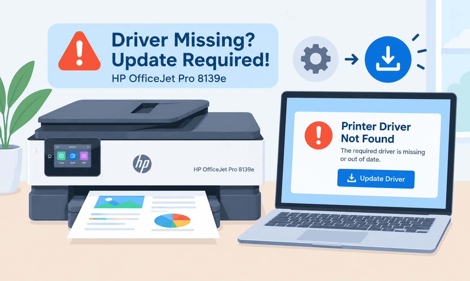 HP OfficeJet Pro 8139e printer beside a laptop displaying a warning that the required printer driver is missing or outdated.
