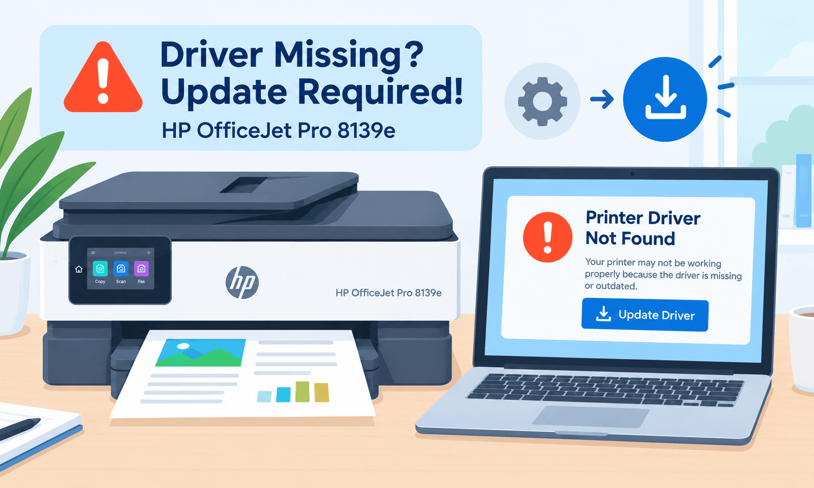 HP OfficeJet Pro 8139e printer beside a laptop displaying a warning about a missing or outdated printer driver. The illustration shows an update prompt and download icons, highlighting how outdated or missing drivers can cause printing issues.
