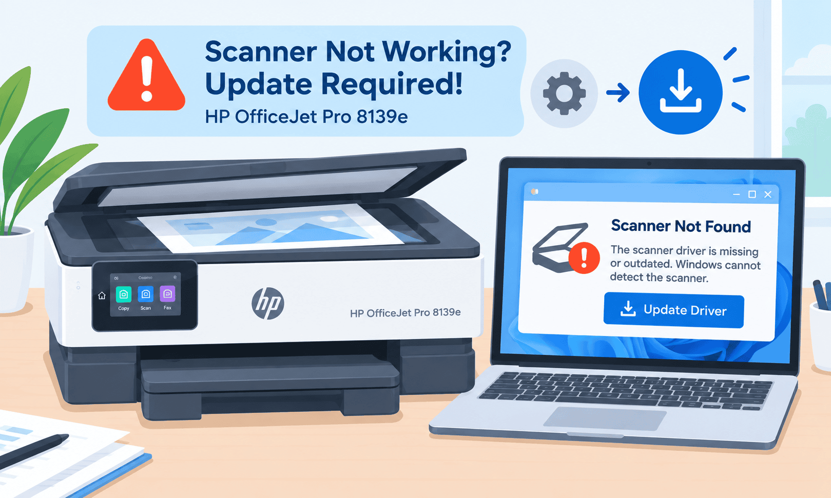 HP OfficeJet Pro 8139e printer beside a laptop displaying a warning about a missing or outdated printer driver. The illustration highlights how outdated or missing drivers can prevent Windows from detecting the printer and cause printing issues.