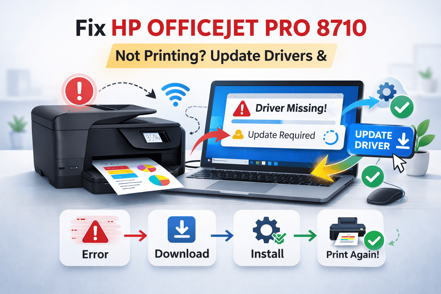 An HP OfficeJet Pro 8710 printer next to a laptop showing a “Driver Missing” and “Update Required” warning, illustrating how outdated or missing printer software can prevent proper printing and needs updating.