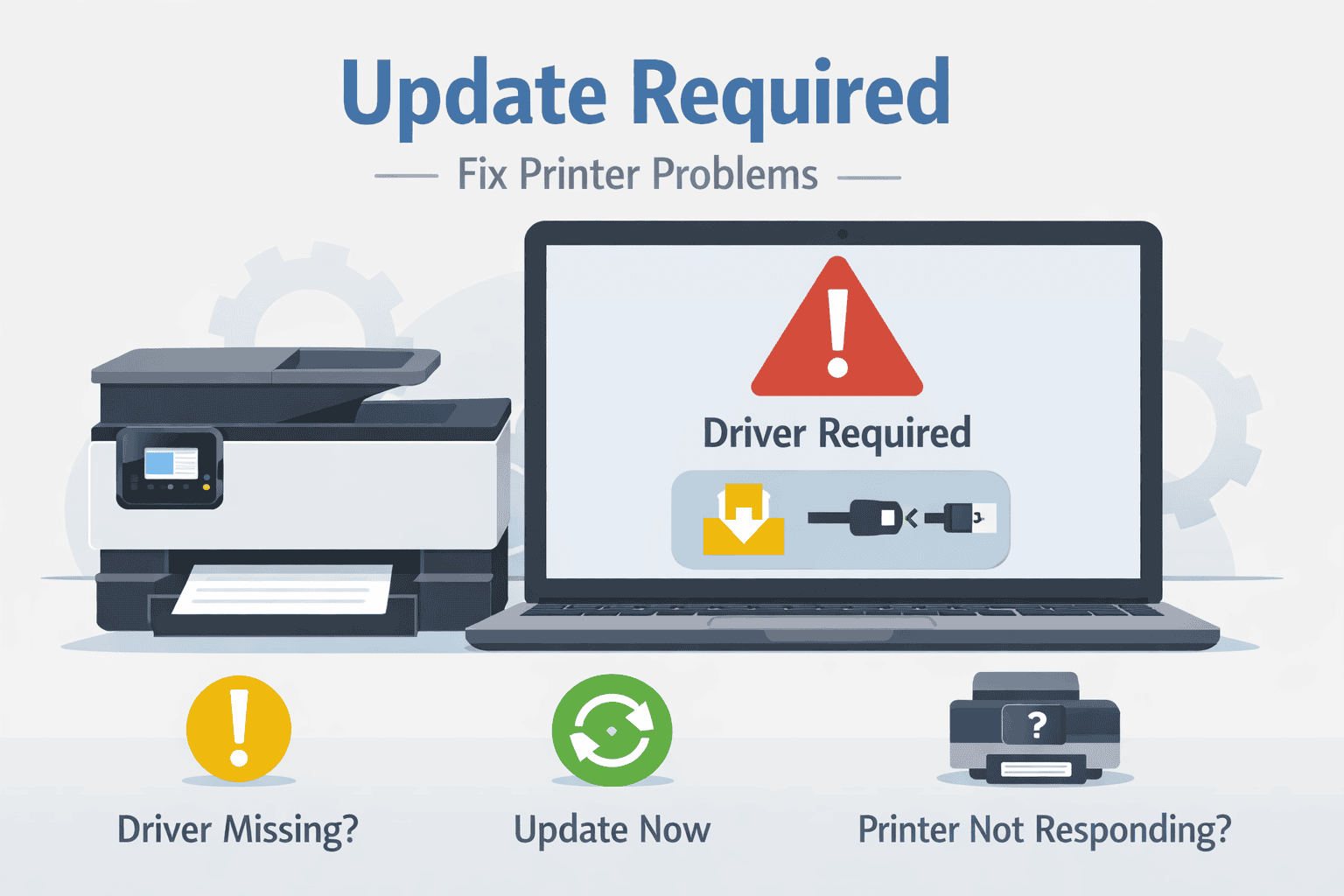 Illustration of an HP OfficeJet Pro 9015e printer beside a laptop displaying a “Driver Required” warning with an exclamation icon. The scene highlights how outdated or missing drivers can cause the printer to stop responding or fail to print.