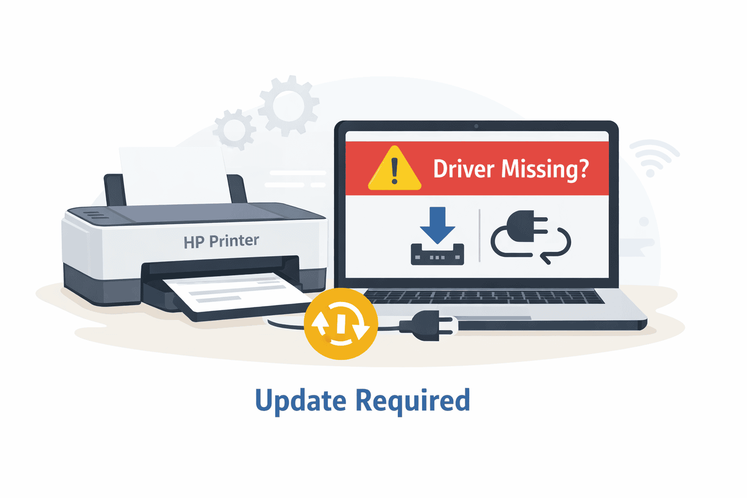 HP Printer connected to a laptop showing a “Driver Required” warning on the screen, illustrating how outdated or missing printer drivers can prevent the printer from responding or printing documents.