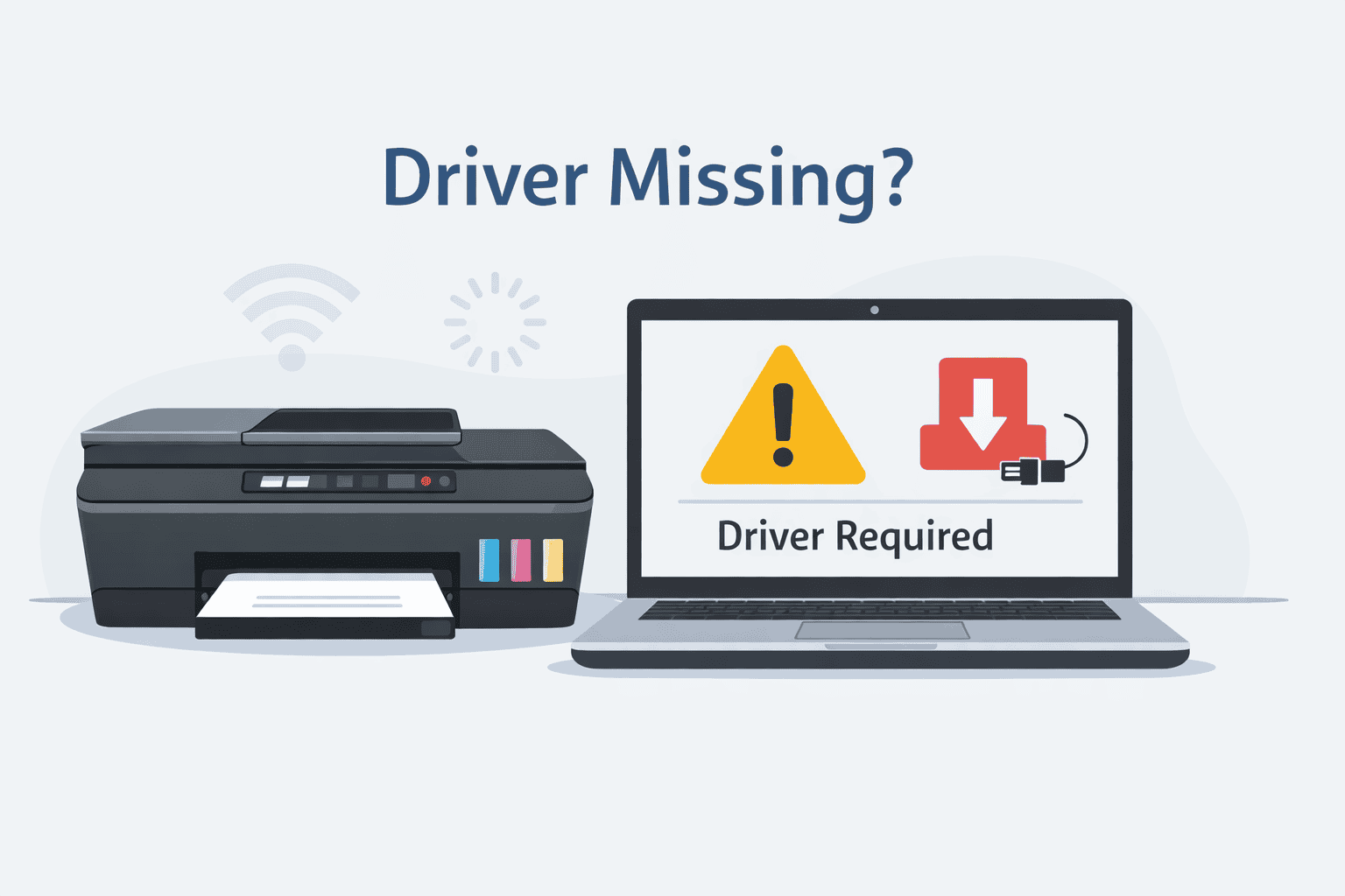 An illustration showing an HP Smart Tank 5101 printer next to a laptop displaying a “Driver Required” warning. The scene highlights how missing or outdated printer software can prevent the printer from responding or printing properly.