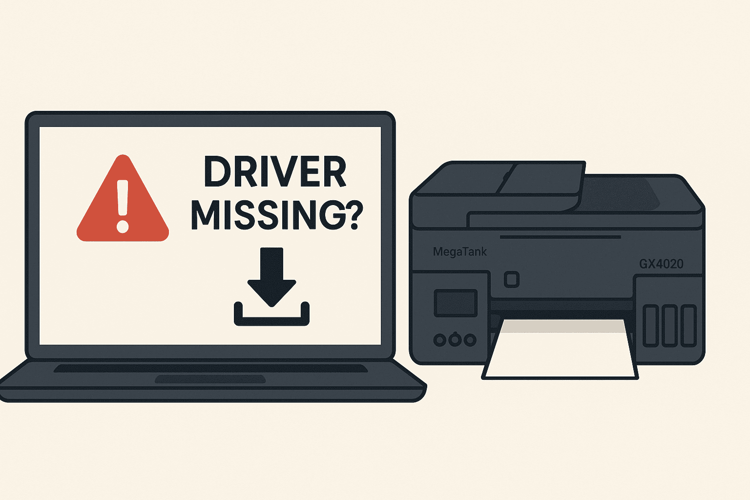 A MegaTank MAXIFY GX4020 printer is shown next to a laptop screen displaying a “Driver Missing?” warning with an exclamation mark, illustrating common printing problems caused by outdated or missing drivers.
