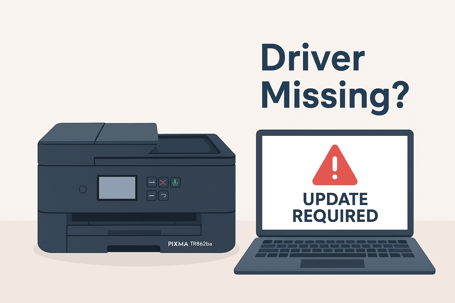 An illustration of a Canon PIXMA TR8620a printer next to a laptop showing a warning message with “Update Required,” highlighting driver-related issues such as missing or outdated printer drivers.