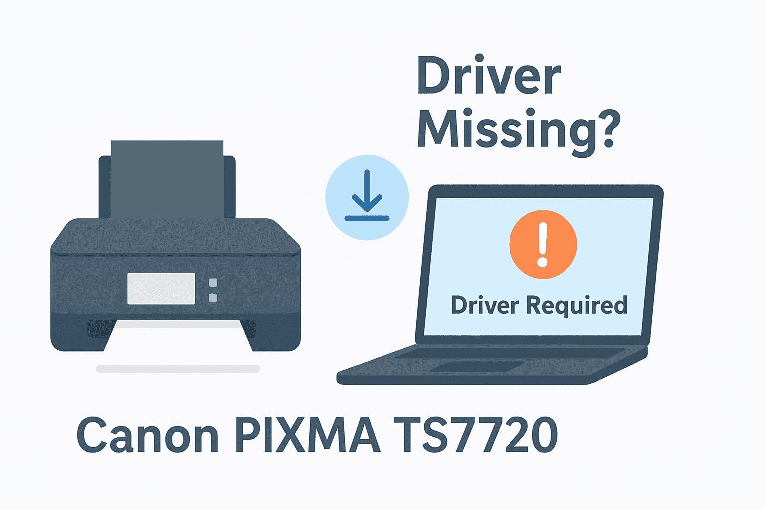 An illustration showing a Canon PIXMA TS7720 printer beside a laptop screen displaying a “Driver Required” warning message, symbolizing printing problems caused by missing or outdated drivers.