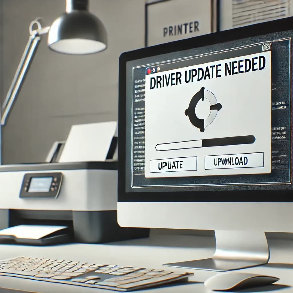 Image of a printer and PC side by side with an error notice on the printer interface.