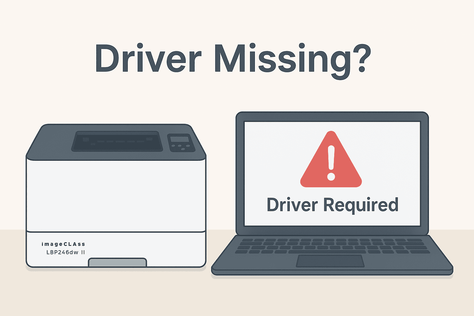 An illustration of an imageCLASS LBP246dw II printer next to a laptop screen showing a red warning sign and “Driver Required” message, highlighting issues caused by missing or outdated printer drivers.