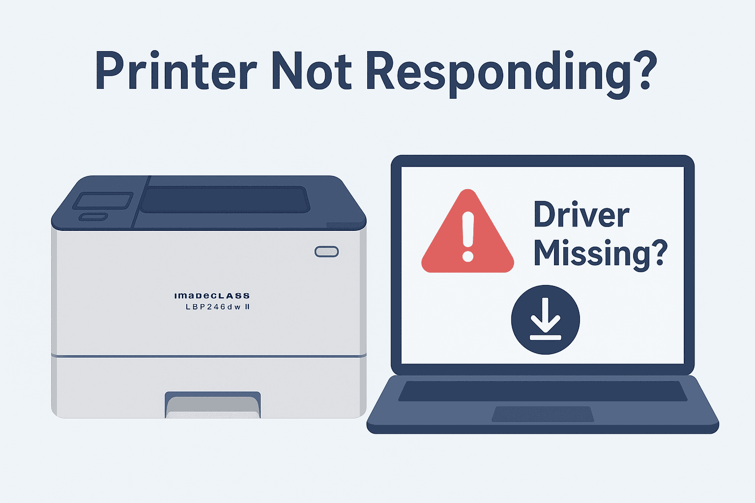 A Canon imageCLASS LBP246dw II printer sits beside a laptop displaying a red warning triangle and the message “Driver Missing?”, illustrating a common issue where outdated or missing printer software causes the printer to stop responding.