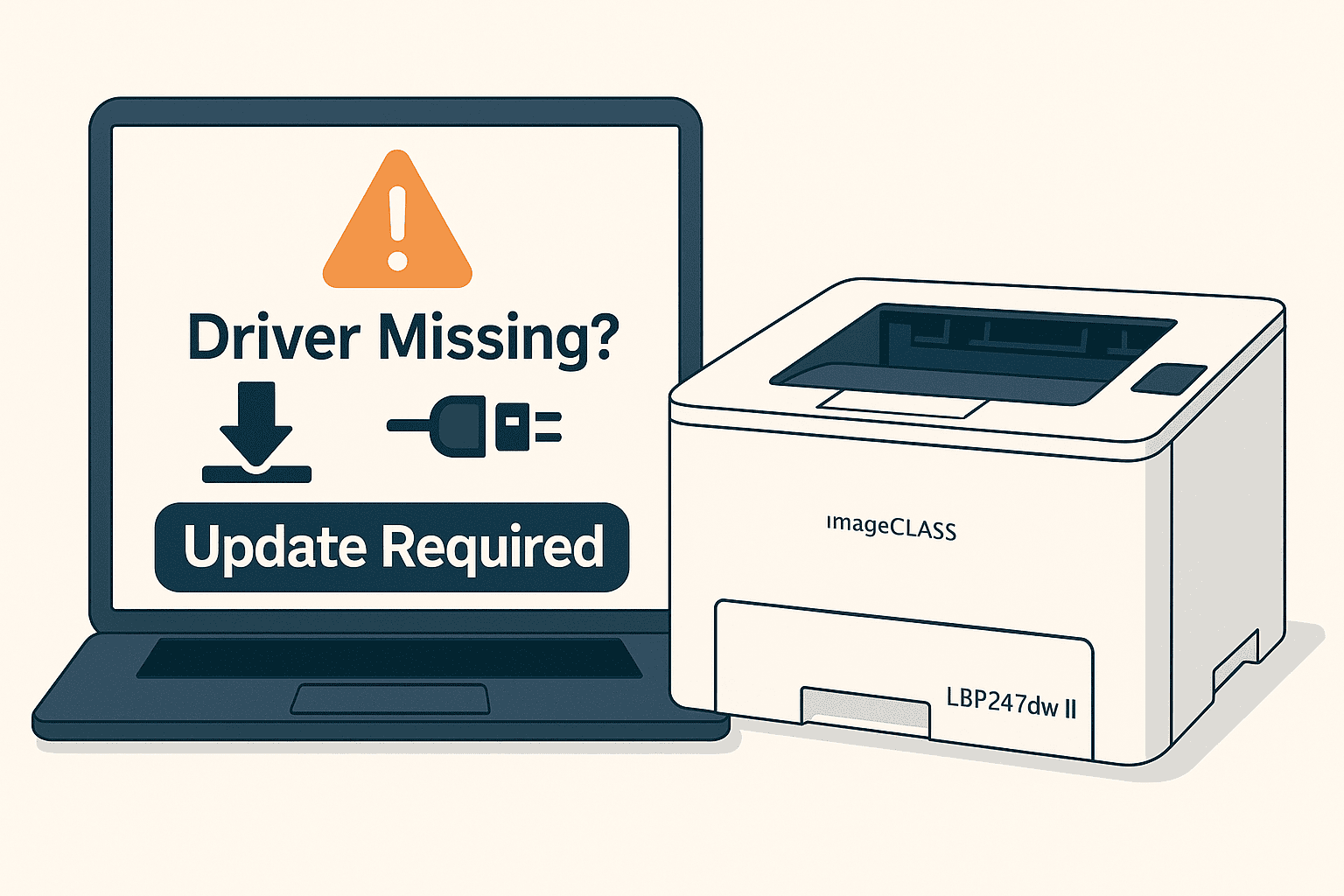 An illustration shows an imageCLASS LBP247dw II printer next to a laptop screen displaying a warning message with an exclamation mark and “Driver Missing? Update Required,” highlighting common printing issues caused by outdated or missing drivers.