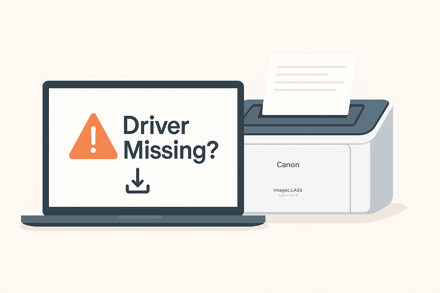 A Canon imageCLASS LBP6030w printer is shown beside a laptop displaying a “Driver Missing?” warning with an exclamation mark, highlighting common printing problems caused by outdated or missing drivers.