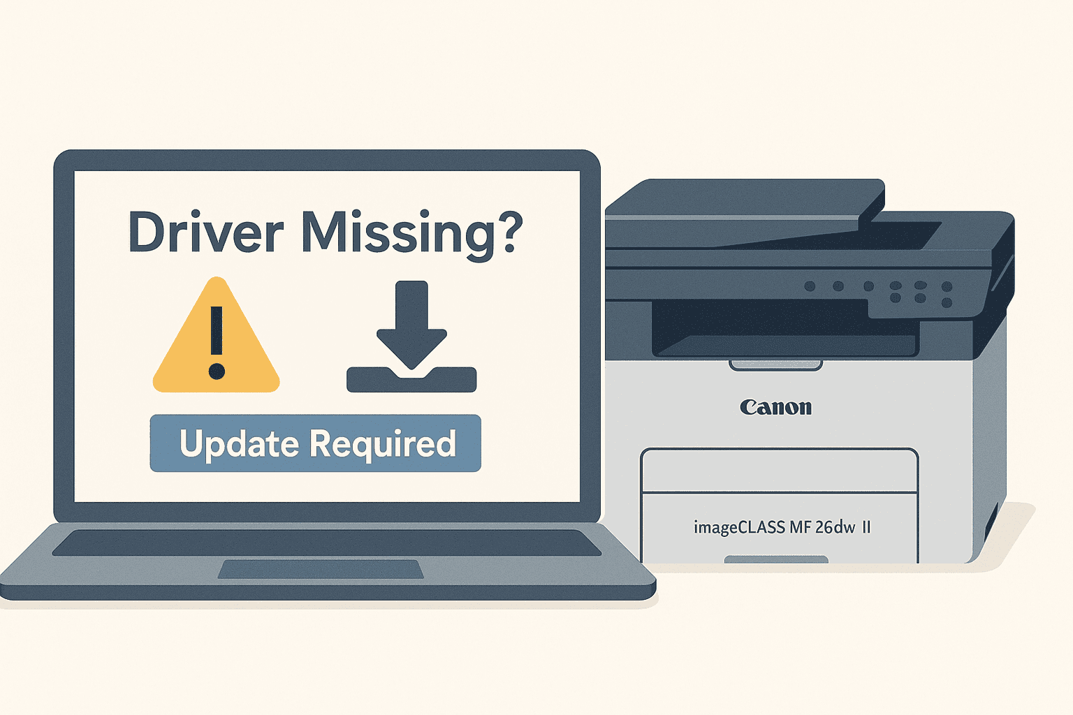 A Canon imageCLASS MF262dw II printer is shown beside a laptop displaying a “Driver Missing? Update Required” warning, illustrating printing problems caused by outdated or missing printer drivers.