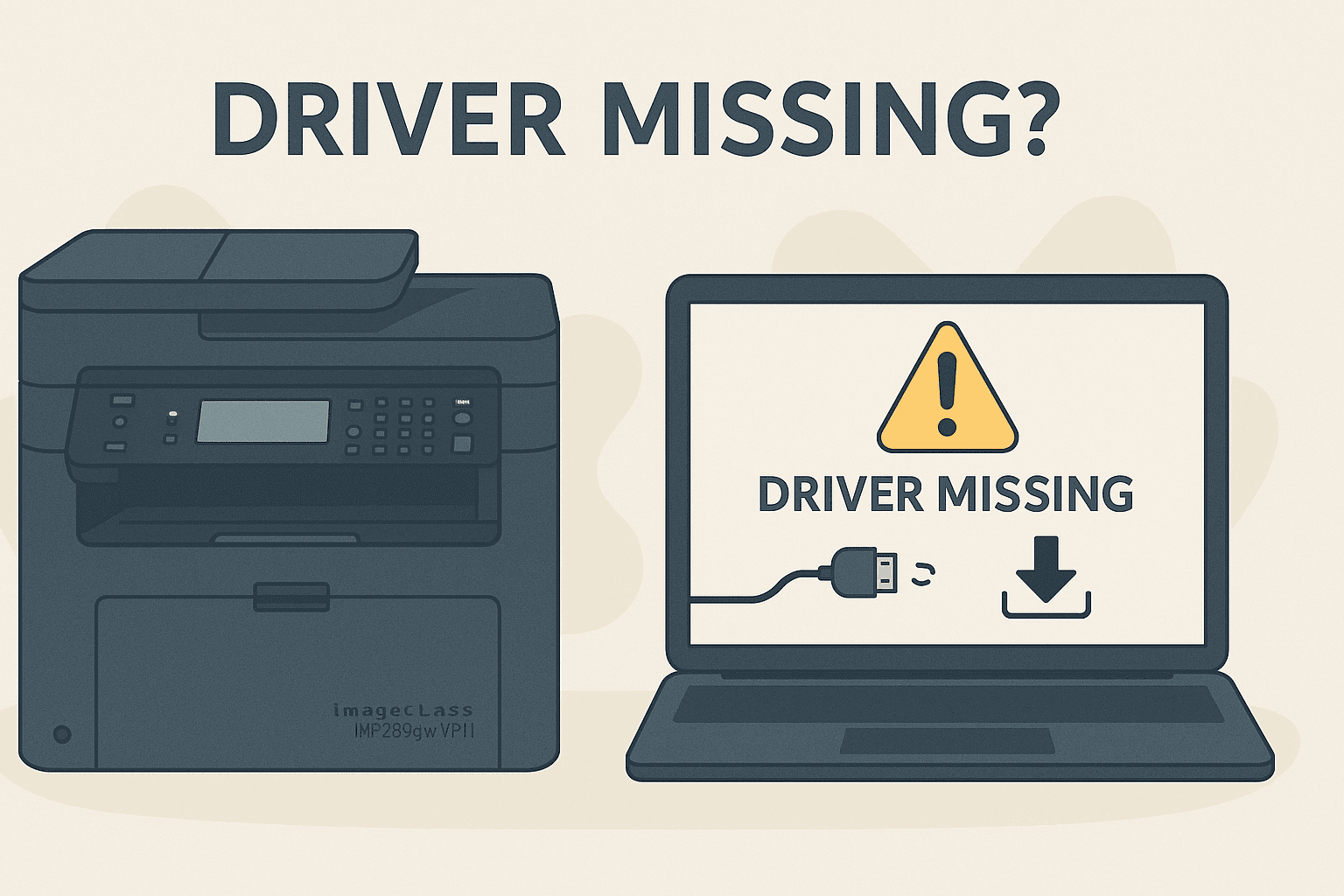 An illustration of the imageCLASS MF269dw VP II printer beside a laptop displaying a “Driver Missing” warning with an exclamation mark and download icon, symbolizing printing problems caused by outdated or missing drivers.