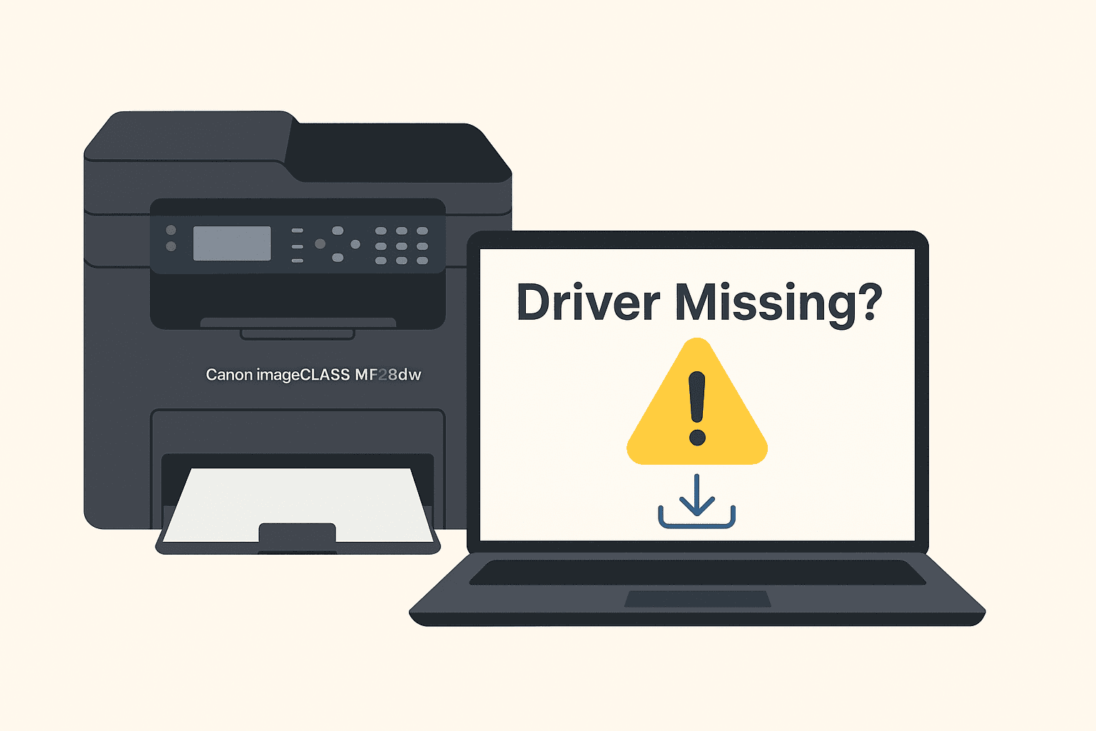 A Canon imageCLASS MF289dw printer sits beside a laptop showing a warning icon and “Driver Required” message, illustrating how outdated or missing drivers can cause printing issues.